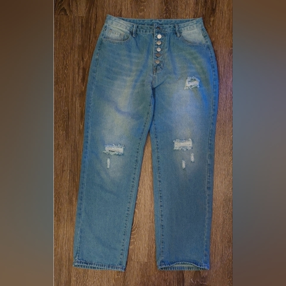 Button Front Straight Leg Medium Wash Distressed Jeans Size 14 Denim High Rise
